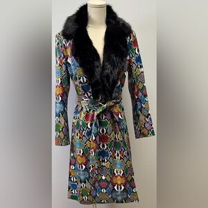 Berek Colorful Snakeskin Print Coat with Faux Fur Collar Size Small